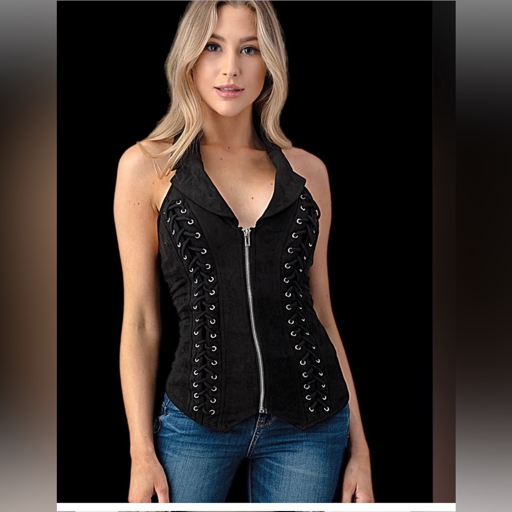 NWT Lydia USA Black Suede Halter Zip Front Lace Up Top Size Small